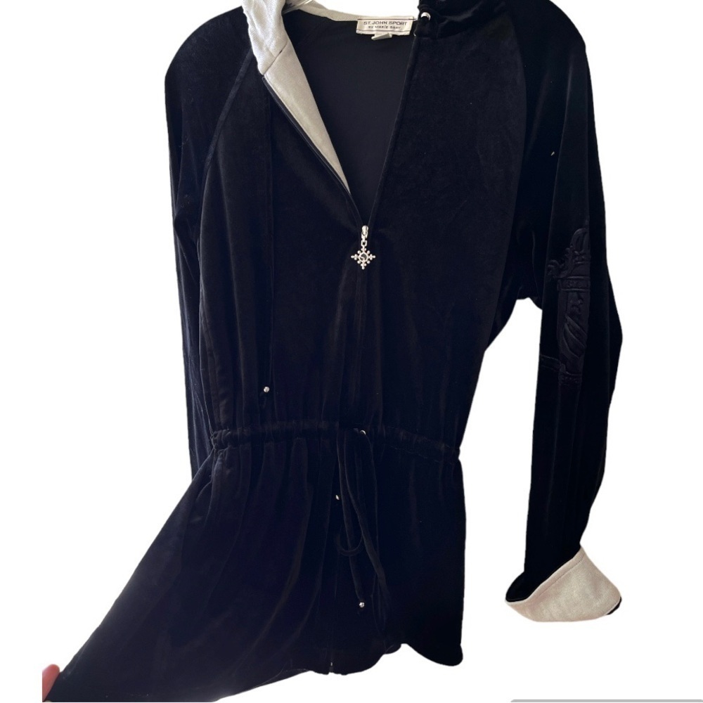 ST. JOHN Vintage Y2K Sport black velour velvet tie waist full zip hood jacket S